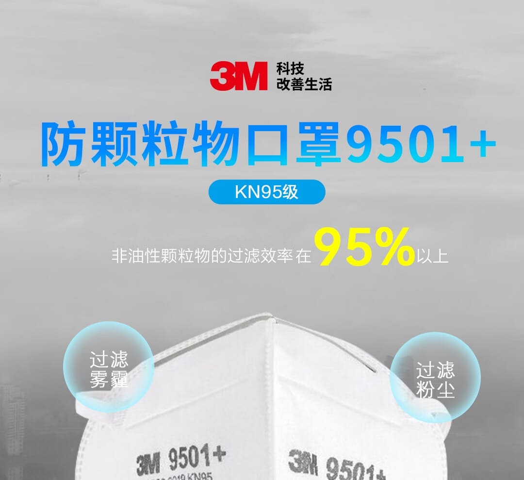 3M 9501+ KN95 防颗粒物口罩 （非油性颗粒、耳带式、中国KN95认证）